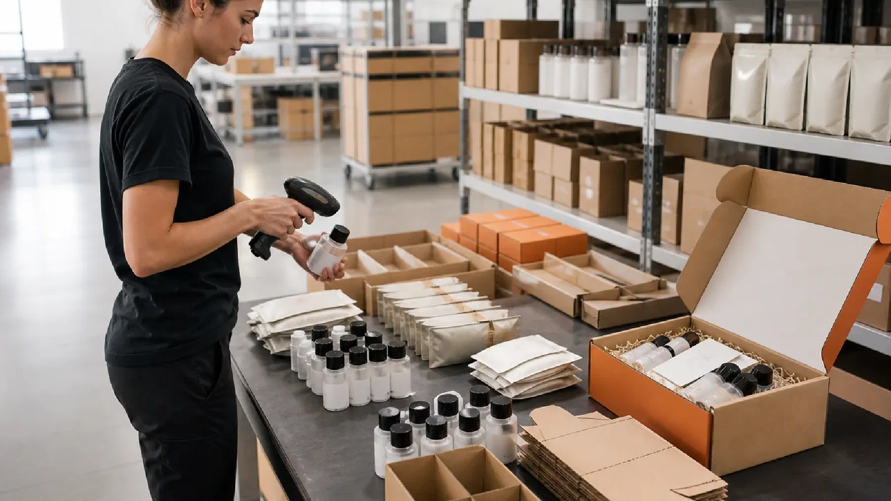 A fulfillment specialist preparing product variants for shipment in a warehouse