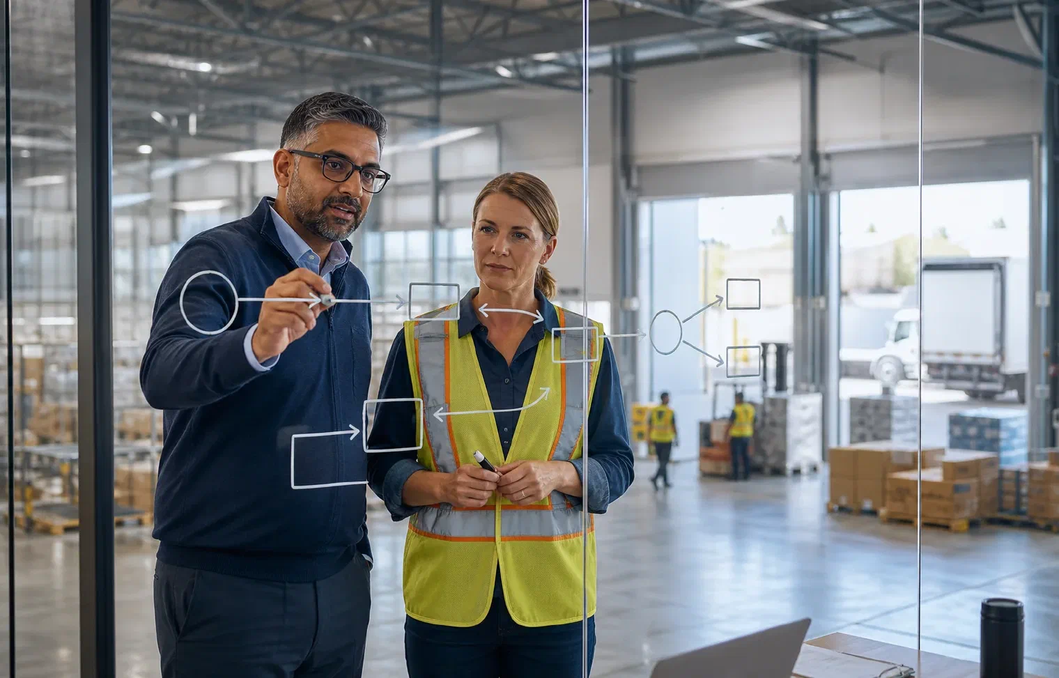 A systems integration architect and warehouse leader mapping connected logistics workflows on a glass planning wall