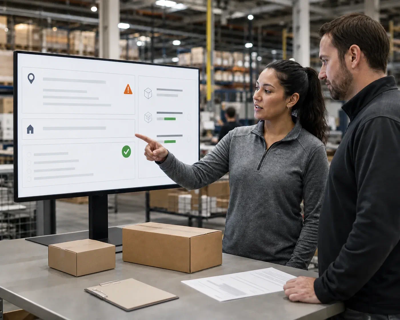 Two operations specialists reviewing a flagged order before warehouse release