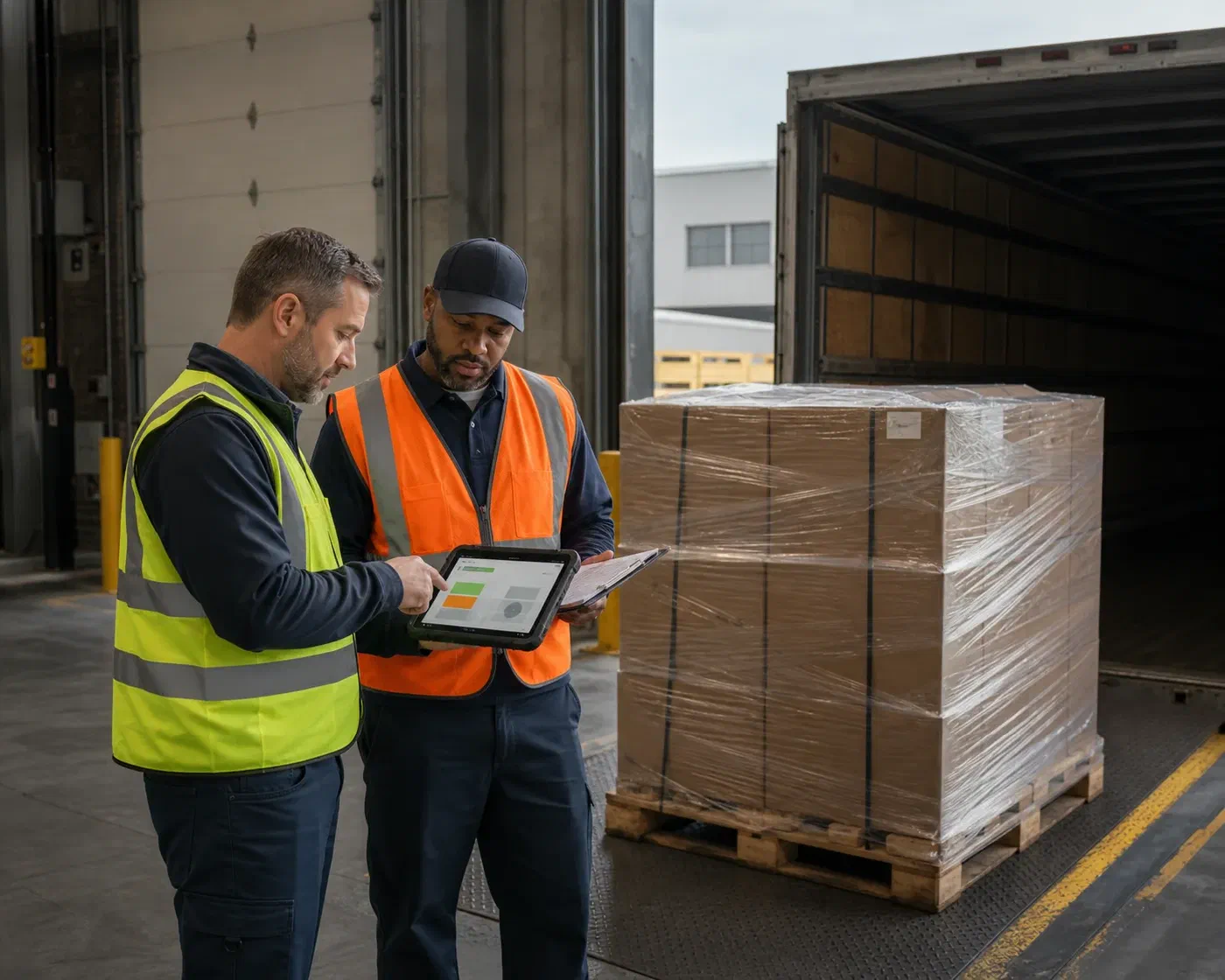 A warehouse supervisor and carrier driver confirming a freight handoff beside a wrapped pallet